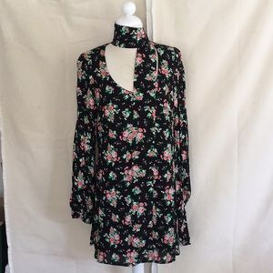 Black floral long sleeve dress with tie